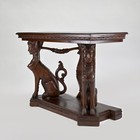 Vintage Heavily- Carved Mahogany Console Table With Twin Sphinx Pillars 