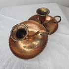 Vintage Copper Tone Chamberstick Taper Candle Holders India 3  Handles Patina