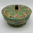 Vintage Daher England Green Crackle Floral Pedestal Candy Tin Acorn Knob Lid