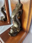 Vtg Koi Fish Sea Serpent Sea Monster Dragon Brass Wood Bookends Pair Set