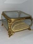Vtg Matson Ormolu Filigree Gold Tone Jewellery Box Casket Beveled Glass 7   x7   x5   