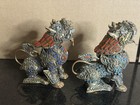 2 Vtg Brass Chinese Foo Dog Lion Dragon Statue Inset Enamel Turquoise Coral