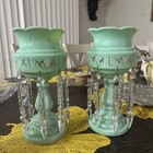 C  1890 s Uranium Glass Pair Of Mantel Prism Lusters Jadeite Hand Painted Rare 