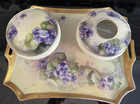 Vintage Bavarian Porcelain Vanity Set Hand Painted Floral Tray   Lidded Jars 3pc