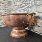 Vintage 11in Copper Colander Silver Tone Interior Brass Handles Korea