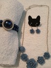 Silver Tone Blue Rose Flower Jewelry Set Necklace   Earrings
