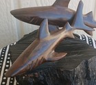 Vintage Handcarved Sharks On Driftwood Base  Artwork Sculpture 5 5  X 6 