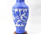 Vintage Chinese Power Blue Hand Carved Peking Glass Vase 10 8  Peaches Longevity