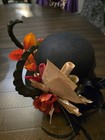 New Womens Black Bowler Derby Hat W  Horns Fall Flowers Halloween Costume