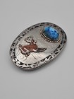 Vintage Western Engraved Deer Belt Buckle Blue Cabochon Stone Silver Tone Cowboy