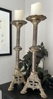 Pair Gothic Vintage French Bronze-nickel Church Candlesticks Insets Blue Enamel