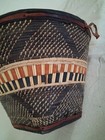 Handwoven Wicker Storage Basket Leather Trim Round Textured Woven Black Tan Red