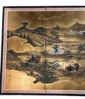 Japanese Byobu 4 Panel Folding Screen Hand-painted  Samurai Hunting Signed