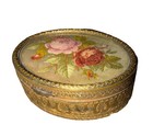 Antique Vintage Brass Oval Jewelry Trinket Casket Box Floral Needlepoint Lid
