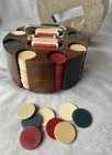 Early 1900s Antique Poker Chip Set  In Wood Carousel   Extra Inlaid Clay Chips
