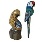 Wood Hand Carved Parrots Yellow   Blue Two Vintage  7 5  Green   Blue 9  