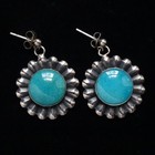Vint Southwestern Round Turquoise Drop Dangle Pierced Earrings Sterling Silver