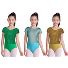 Kids Bow Tie Back Ballet Dance Leotard Short Sleeve Shiny Fish Scale Bodysuit