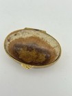 Vintage Small Trinket Box Gold With Hinged Lid Oval Pill Box Brown Stone Top