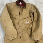 Vtg Carhartt Coveralls Mens 38r Tan Duck Canvas Quilt Lined Workwear Thrashed
