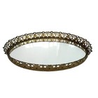 Vintage Oval Mirrored Vanity Tray Gold Filigree Hollywood Regency Dresser Decor