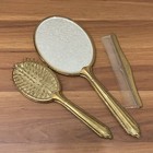 Vintage Floral Tapestry Back Gold Tone Handheld Mirror Brush Comb Vanity Set