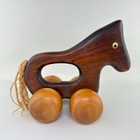 Vtg Wooden Rolling Horse On Wheels Push Toy Nursery Country Tan Yarn Tail 8 