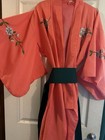 Japanese Kimono Robe Embroidered Vintage Asian Robe Coral With Green Sash
