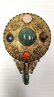 Antique Gemstone Jeweled Jade Chinese Vanity Hand Mirror 6  X 4  Oriental Asian