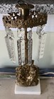 Two Antique Victorian Girandole Candlesticks Marble  Brass  Crystal Prisms