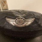 Vintage Harley Davidson Black Leather Newsboy Cabbie Hat Cap Silver Wing Emblem