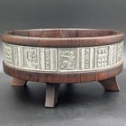 Vintage Hardanger Tredesign Norwegian Wood Bowl W feet Pewter Viking Folk Art