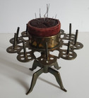 Antique 19th Cent Brass Sewing 10 Spool Stand Heart Leg Anthropomorphic 6 