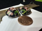 Pair Vintage Chinese Bead Cloisonne Canton Enamel Black Flower Leaves Heart 21mm