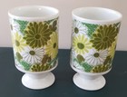 2 Vtg Mcm Goodwood White   Green Floral Footed Mugs - Made In Japan Flower Power
