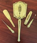 Antique 5 Piece Art Deco Green Pearlized Celluloid Bakelite Vanity Set W  Mirror