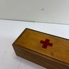 Vintage Wood First Aid Box Slide Lid Red Cross Mark Medical Storage Rope Handle