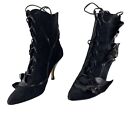 Beverly Feldman Boho Chic Witchy Black Suede Lace-up Boots Leather Applique 9m