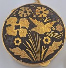 Vintage Damascene Bird Flower Round Pill Trinket Box   Brooch