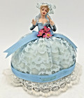 Porcelain Half Doll Lady Pin Cushion Blue Lacy Dress With Fan 6 5  Tall