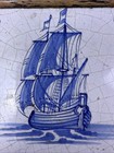 Antique 17th C Dutch Delft Tile - Blue   White Tall Ship - Floral Corner Motifs