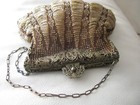 Antique Art Nouveau Gold Filgree Frame Knit Brown Iridescent Bead Purse