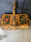 Antique Chinese Handled Wood Dou Basket Hand Painted Yellow Lacquer Floral