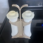 Vintage Mini Tupperware 4 5  Hourglass Salt   Pepper Shaker Set In Caddy Holder