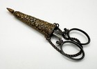 Antique Pair Steel Sewing Scissors   Brass Case