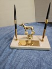 Vintage 2 Pen Holder On Marble Plate And Doberman Pincher Statue Made Of Bronze