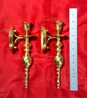 Vintage Solid Brass Wall Candle Holders Sconces Pair W  Clear Glass  India  10 