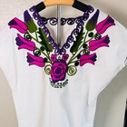 Hand Embroidered Mexican Huipil Blouse White Floral Boho Folk Art M l