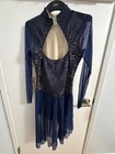 Blue Glittery Mesh With Lace Long Sleeve Dance Costume Adult Medium