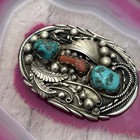 Vintage Large Early Sterling Silver Native American Turquoise Coral Bolo Tie